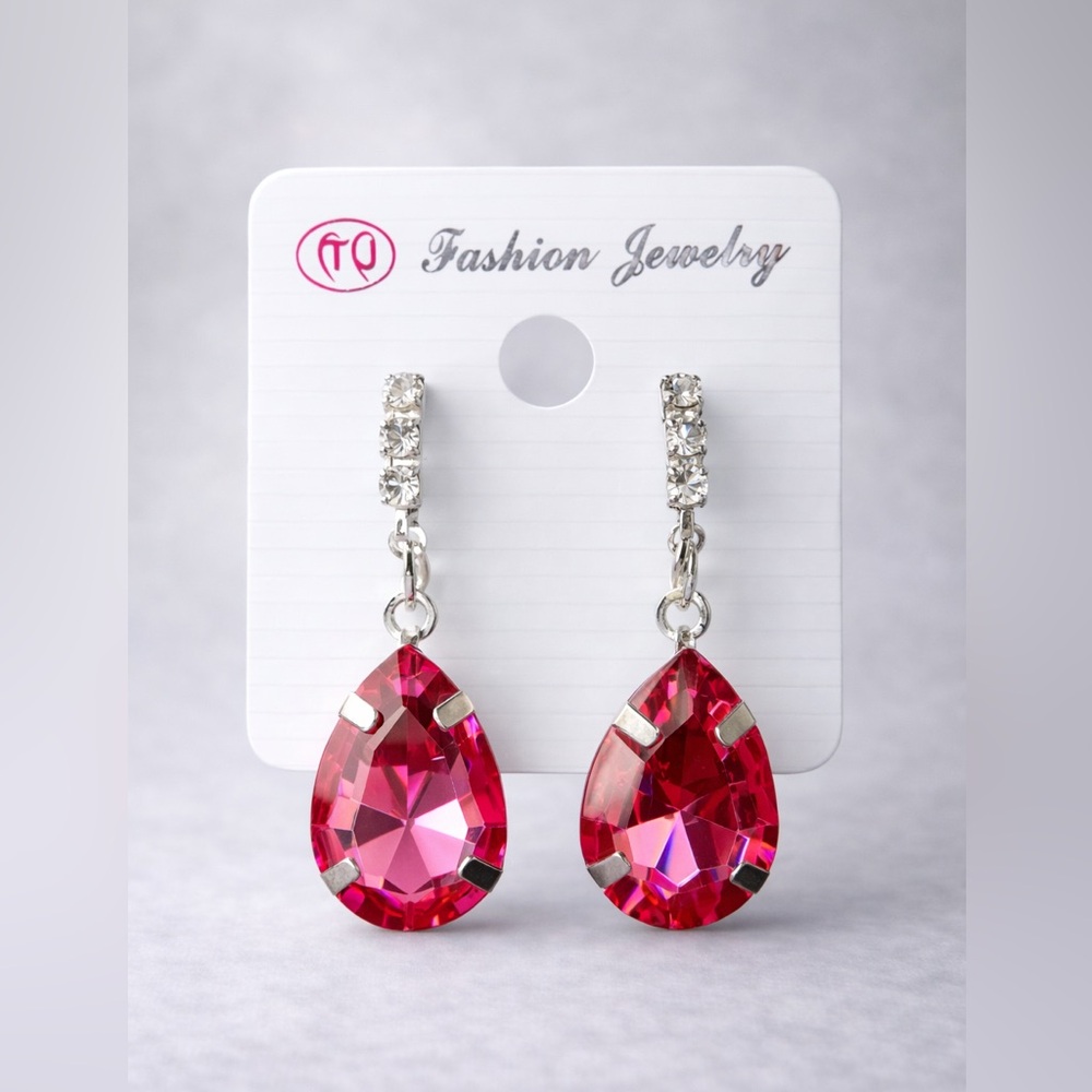 Pink and Silver Teardrop Earrings‎ with Crystal Accents